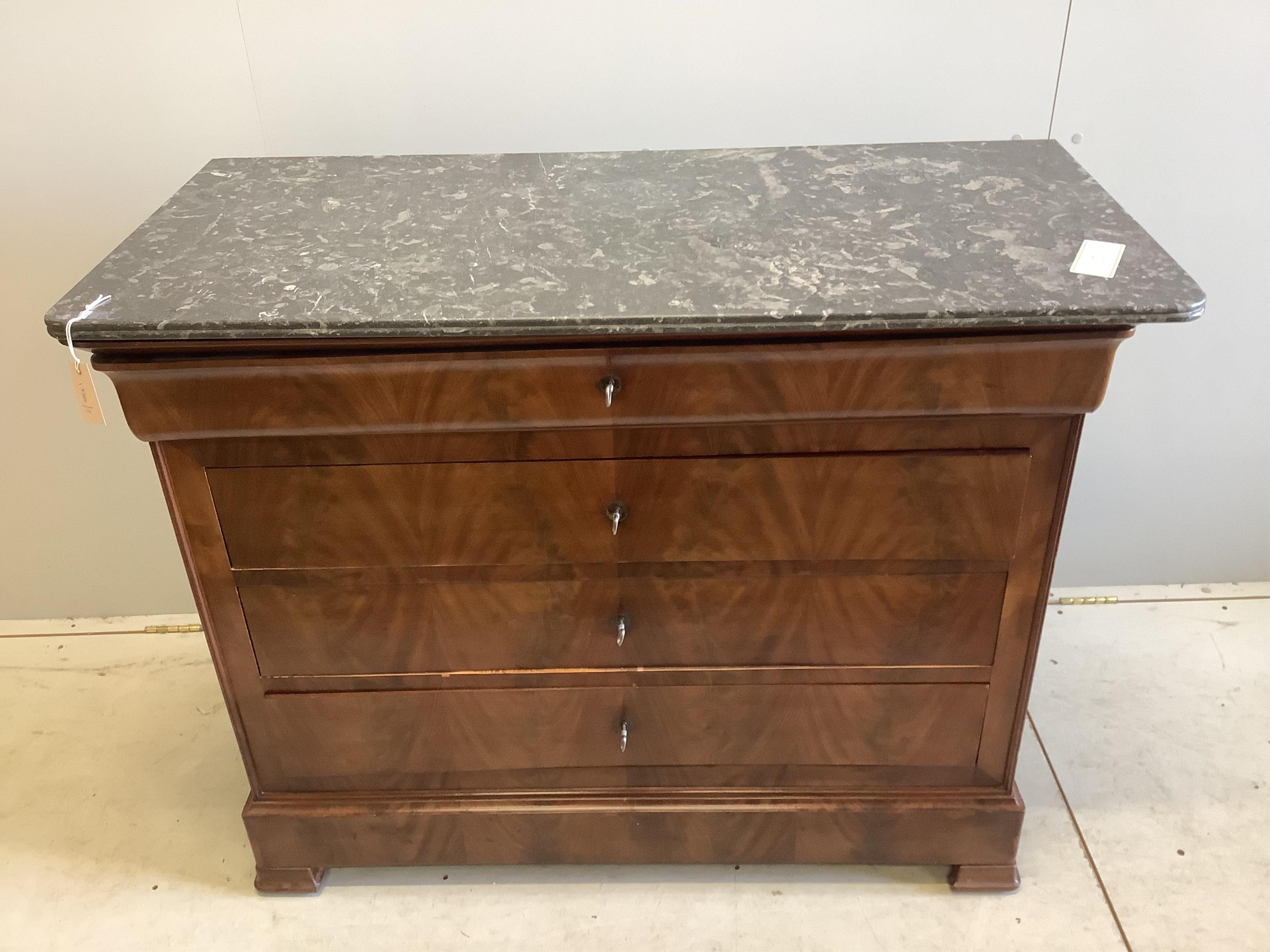 A 19th century French mahogany marble top commode, width 120cm, depth 57cm, height 95cm. Condition - good